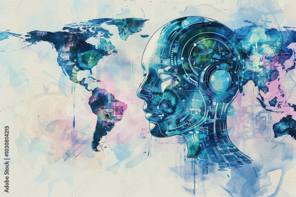 Man's Head with World Map Background Man's Head with World Map Background