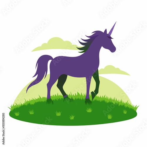 A unicorn standing in a meadowl silhouette vector illustration on white background