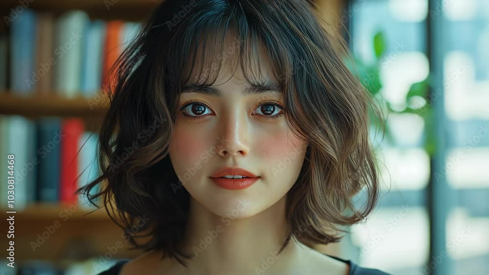 Japanese woman at modern library, happy study and ambition concept
Japanese woman at modern library, happy study and ambition concept