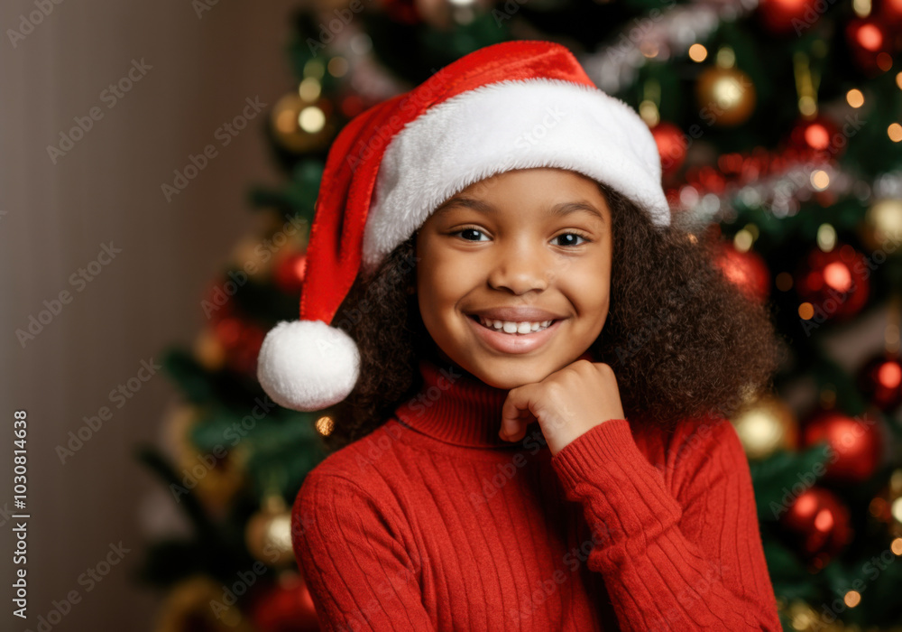 A joyful child in a red sweater and Santa hat smiles in front of a decorated Christmas tree during the holiday season A joyful child in a red sweater and Santa hat smiles in front of a decorated Christmas tree during the holiday season