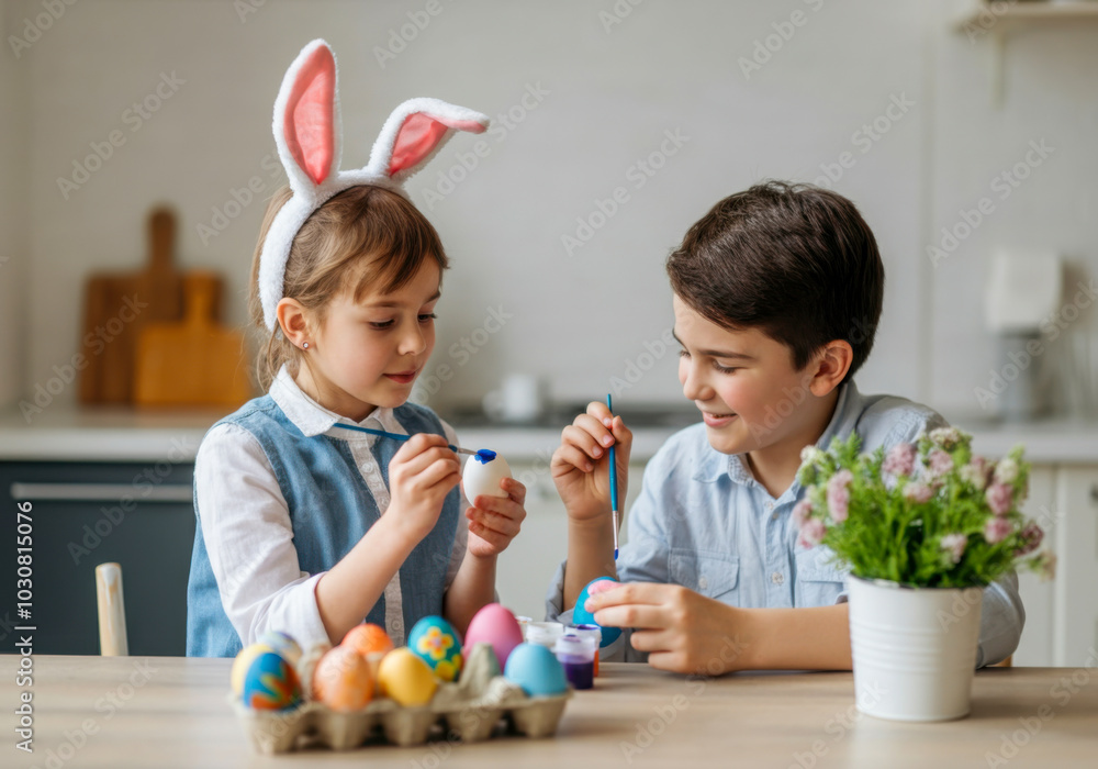 Fototapeta premium Children enjoy decorating Easter eggs together in a cozy kitchen setting during springtime