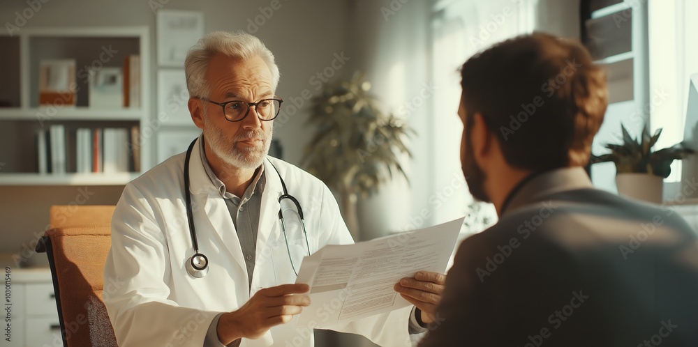 An elderly doctor reviews test results with a male patient in a brightly lit office, discussing diagnosis and treatment, professional care, selective focus
An elderly doctor reviews test results with a male patient in a brightly lit office, discussing diagnosis and treatment, professional care, selective focus