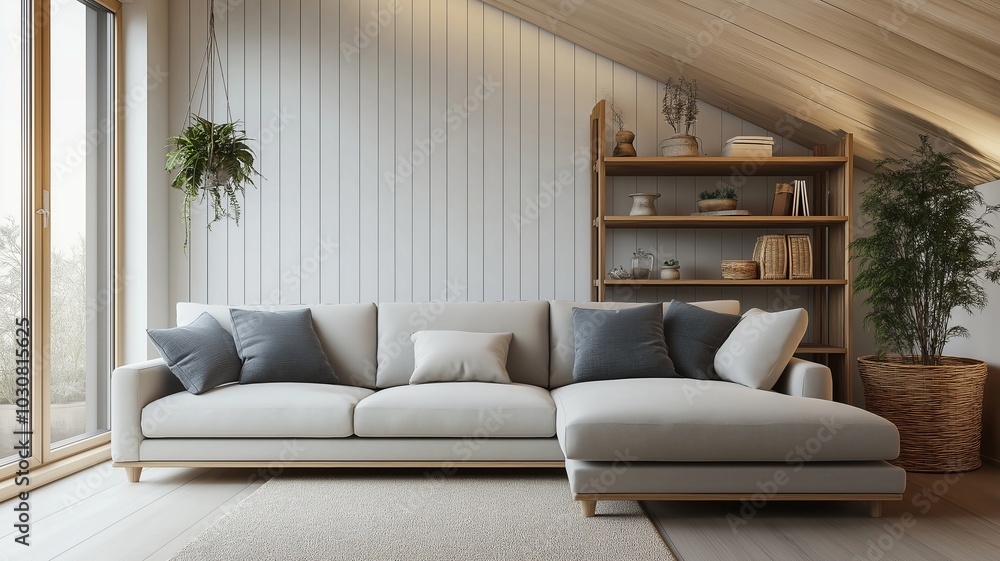 Scandinavian Attic Living Room with Corner Sofa and Shelving Unit in Modern Farmhouse Style Scandinavian Attic Living Room with Corner Sofa and Shelving Unit in Modern Farmhouse Style