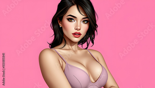 Wallpaper Mural attractive charming young lady, caucasian brunette with perfect body posing isolated over pink background, portrait of female in undrwear isolated with white highlights, png Torontodigital.ca