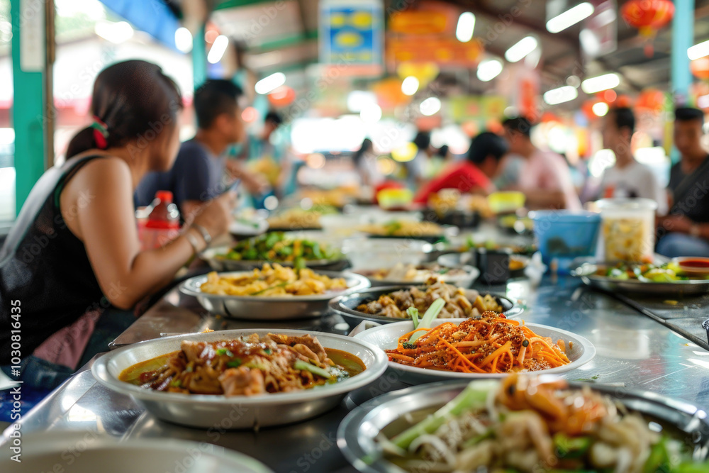 Obraz premium Vibrant Asian Street Food Market with Diverse Dishes and Busy Atmosphere Captured in a Colorful and Lively Setting