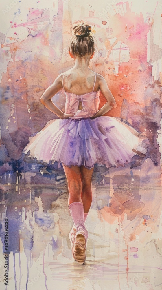 Naklejka premium Ethereal watercolor rendering: A ballerina in a pink dress stands gracefully, her back to the viewer, against a luminous and gentle background