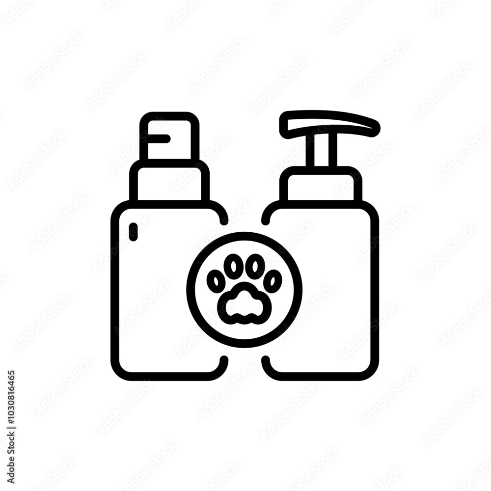 Cat and dog grooming and care. Pet shampoo in bottle with paw line icon. Grooming cosmetics for pets, isolated on white Cat and dog grooming and care. Pet shampoo in bottle with paw line icon. Grooming cosmetics for pets, isolated on white