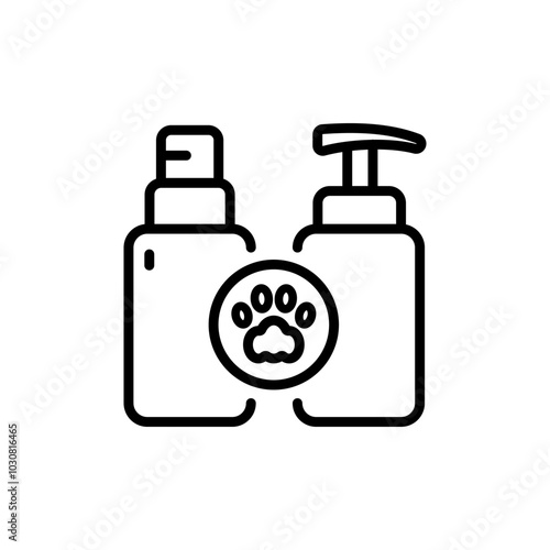 Cat and dog grooming and care. Pet shampoo in bottle with paw line icon. Grooming cosmetics for pets, isolated on white