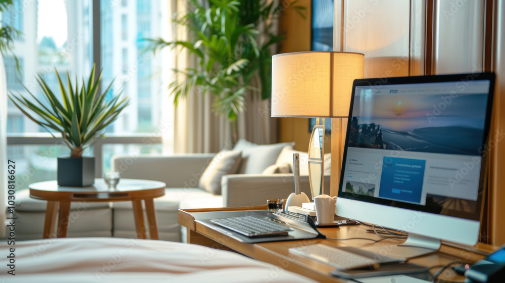 Fototapeta premium Modern Hotel Room Interior with Luxurious Bedding and Office Workspace for Business Travel Comfort