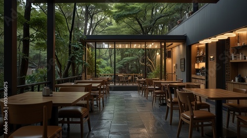 Modern restaurant with large windows overlooking a lush green garden.