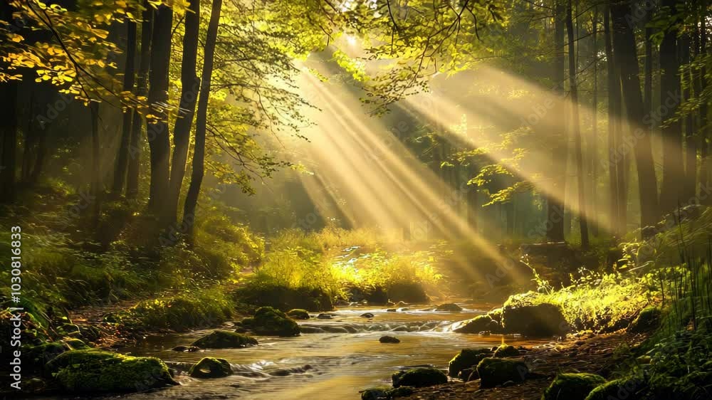 A serene forest scene with sunlight streaming through trees, illuminating a peaceful stream. A serene forest scene with sunlight streaming through trees, illuminating a peaceful stream.