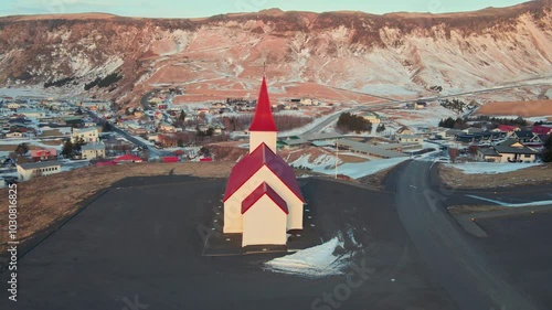 Aerial view - The village red church of Vik, Reyniskirkja Church at southern Iceland photo