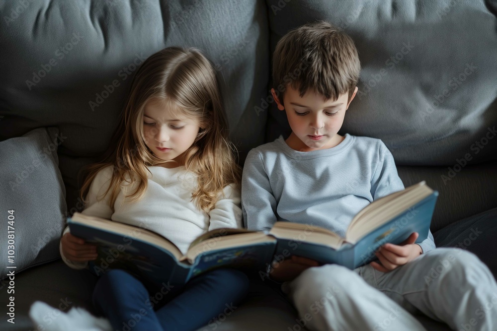 Kids reading books sitting at couch Kids reading books sitting at couch