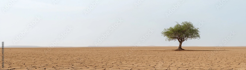 Naklejka premium Lone tree in a vast dry landscape under a clear sky, symbolizing resilience.