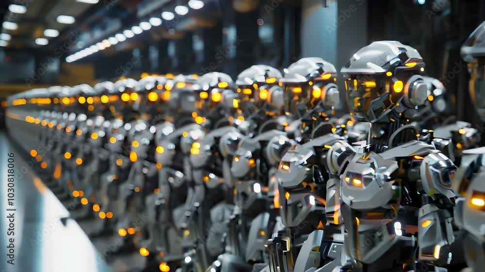 Advanced robots line up in an assembly line Advanced robots line up in an assembly line