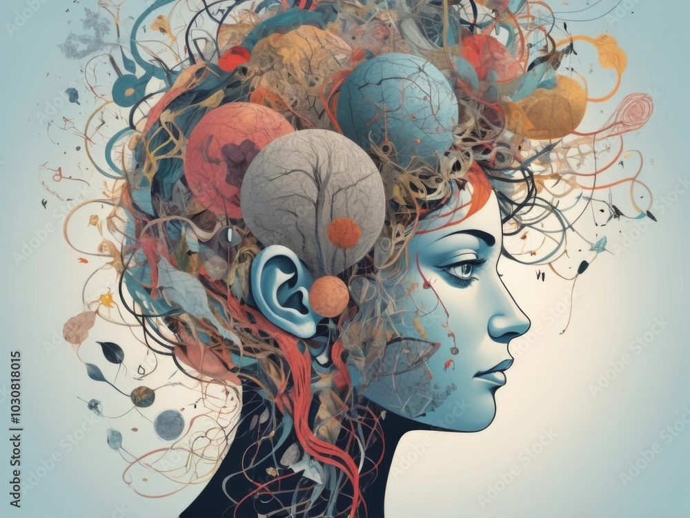 Obraz premium Complexity of human mind. Chaotic nature of human mind, tangled thoughts, conflicts, and emotional pressure and stress. Contemporary art collage. Concept of psychology, inner world, therapy