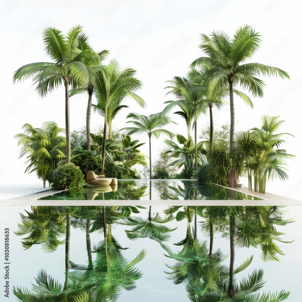 Obraz premium A pool surrounded by palm trees is reflected in the water