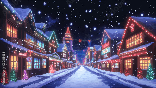 Charming illustration of a snowy street in a small town at night, with buildings decorated with christmas lights