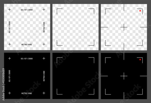 Retro Futuristic Square Frame for social media. Template Camera frame. Video screen with rec, viewfinder. Display with focus. Isolated Video screen frame on background. Realistic mockup design. 