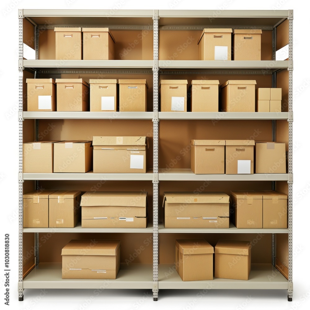 A large shelf with many boxes on it A large shelf with many boxes on it