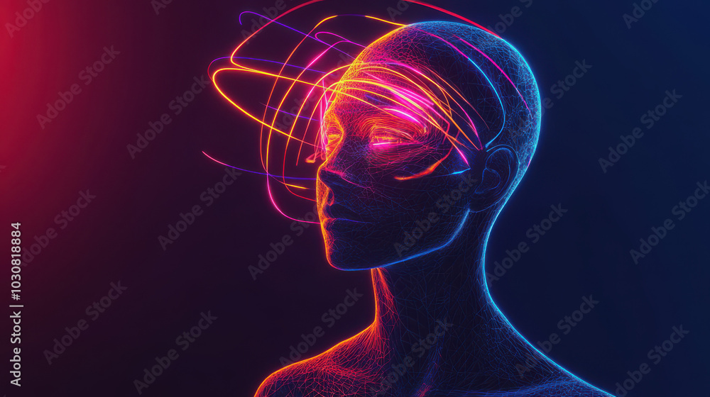 Abstract human figure with bright, chaotic neon lines swirling around the head, symbolizing anxiety, futuristic, digital art, left-aligned with space for text on the right. --ar 16:9 --v 6.1 Abstract human figure with bright, chaotic neon lines swirling around the head, symbolizing anxiety, futuristic, digital art, left-aligned with space for text on the right. --ar 16:9 --v 6.1