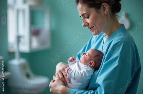May 31, 2021. Belarus, Gomil. Neonatal Intensive Care Unit. The doctor holds a newborn child in his arms against the background of medical devices.
