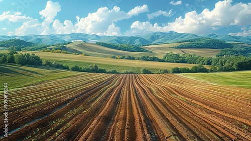 Agricultural fields once lush now barren, depicting global warming's effects. Aerial view of climate change, environmental crisis, pollution, no people present. High resolution Illustration, in the