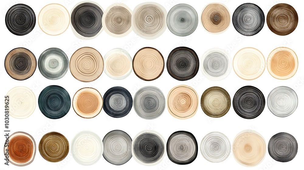 Watercolor painting of 40 tree rings in various colors and patterns, isolated on a white background. Watercolor painting of 40 tree rings in various colors and patterns, isolated on a white background.
