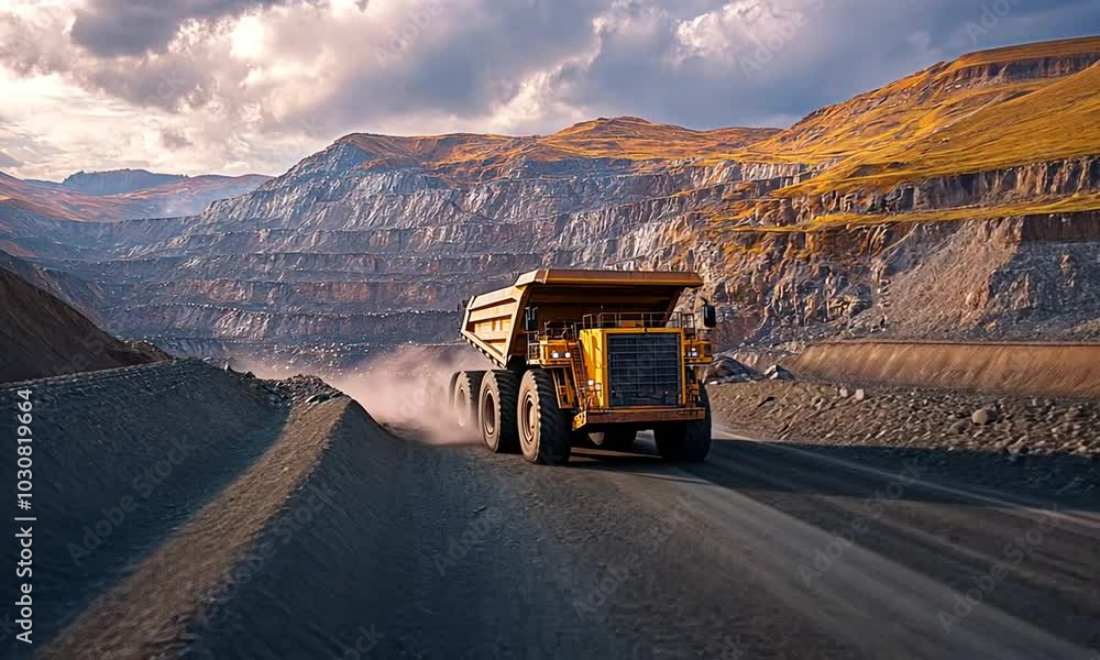 A large dump truck navigates a mining site with layered rock formations in the background. A large dump truck navigates a mining site with layered rock formations in the background.