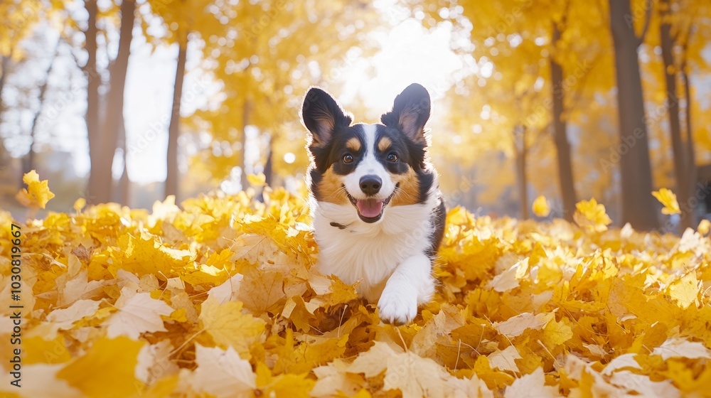 Dog Playing in Autumn Leaves on a Bright Sunny Day Dog Playing in Autumn Leaves on a Bright Sunny Day