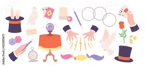 Magician elements. Illusionist show accessories, cylinder pigeons rose playing cards. Magic tricks in circus, hands of magicians racy vector clipart