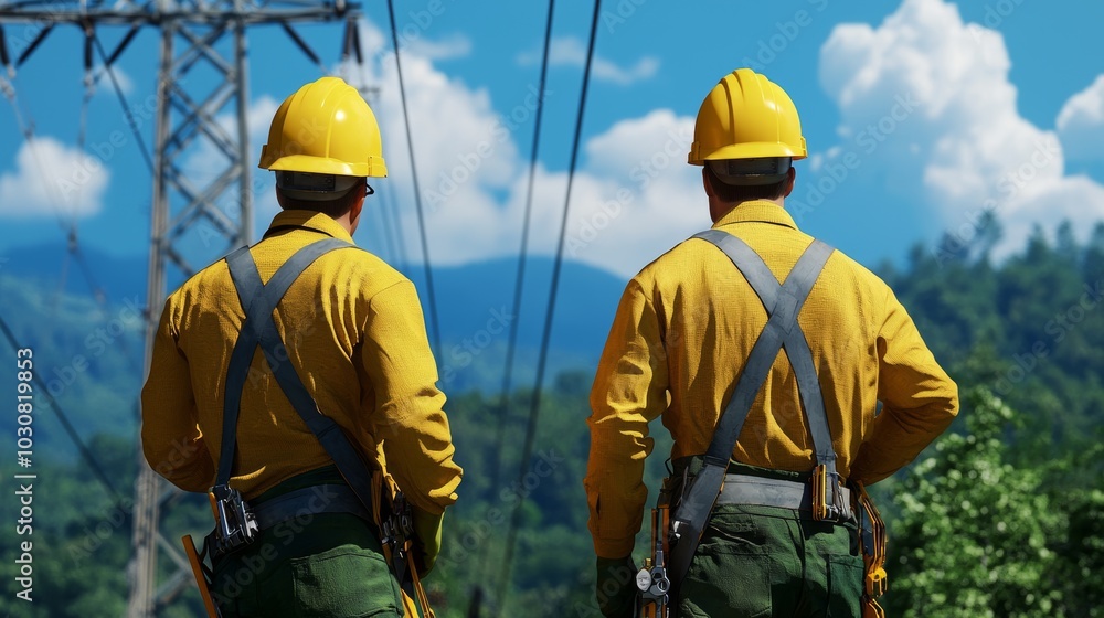 Workers Overseeing Power Lines in Scenic Landscape Workers Overseeing Power Lines in Scenic Landscape