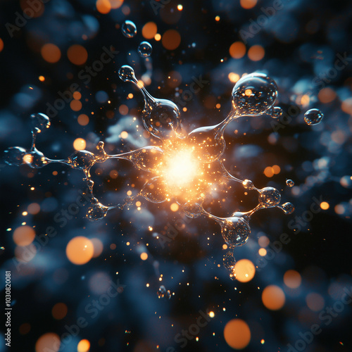 Molecular Explosion with Glowing Particles in a Dark Futuristic Environment photo