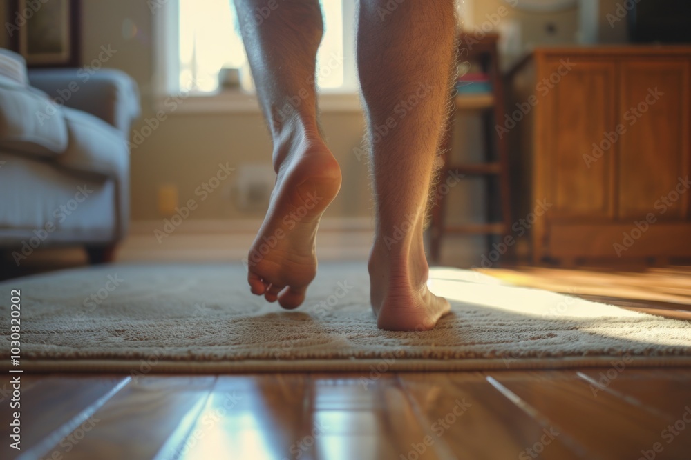 Person walking on rug in living room Person walking on rug in living room
