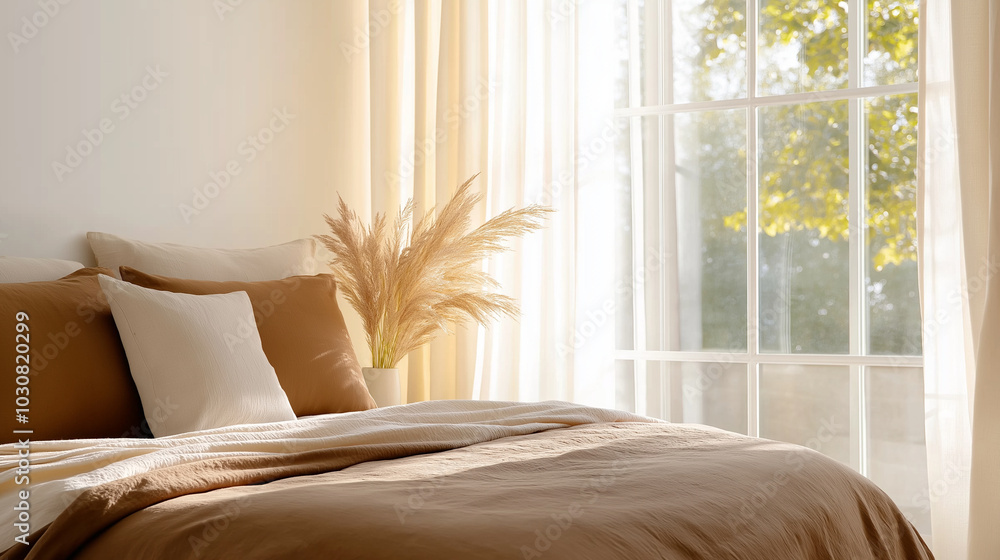 A minimalist bedroom with a soft bed in the center, covered in a dark brown comforter. The front pillows feature beige pillowcases, while the back pillows have darker brown ones, a A minimalist bedroom with a soft bed in the center, covered in a dark brown comforter. The front pillows feature beige pillowcases, while the back pillows have darker brown ones, a
