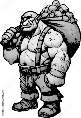 Orc Peon Character Concept Art Vector - Strong Fantasy Worker with Stone Bag