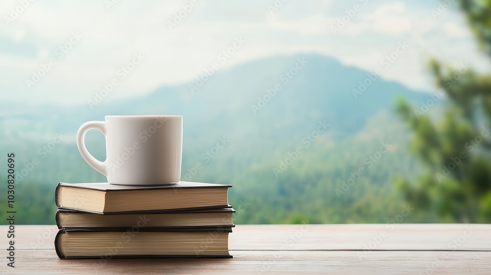 Coffee cup on a stack of books with a scenic mountain view in the background, worklife balance, working from anywhere Coffee cup on a stack of books with a scenic mountain view in the background, worklife balance, working from anywhere