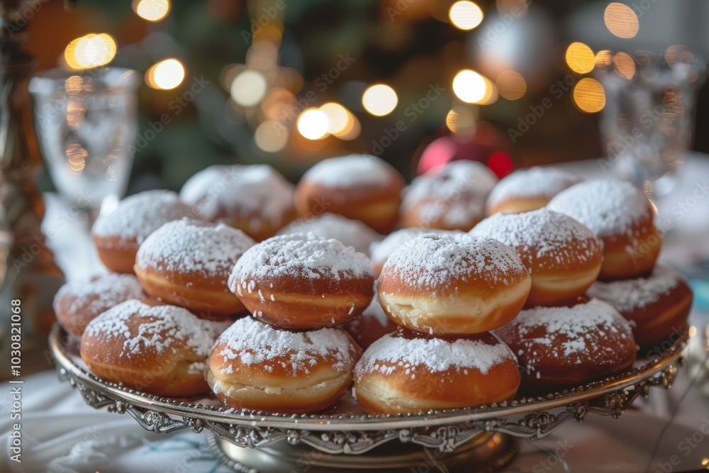 Festive powdered donuts on silver tray with warm bokeh lights Festive powdered donuts on silver tray with warm bokeh lights