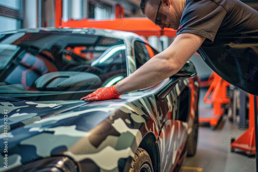 Man waxing car in garage Man waxing car in garage