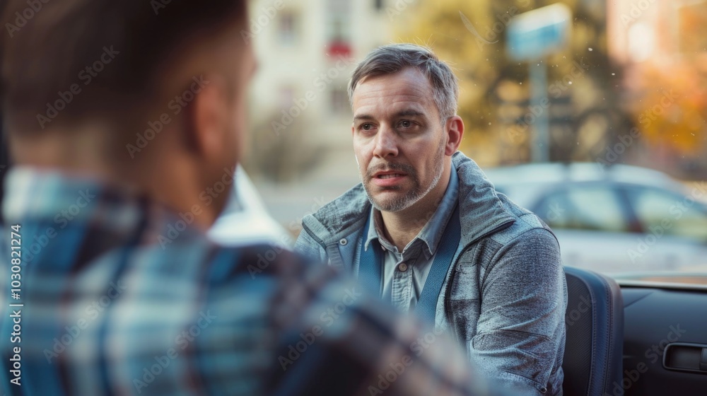 Fototapeta premium Men Conversing in Car