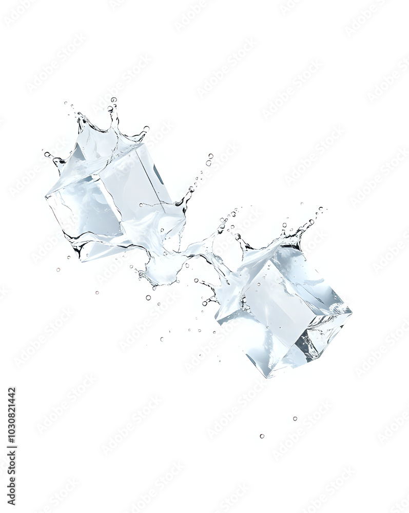 Flying Ice Cubes and Water Splash: Isolated PNG on White Background Flying Ice Cubes and Water Splash: Isolated PNG on White Background