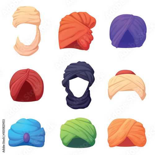 Arabic turban set. Oriental traditional cloth elements, indian arabian culture dressing. Ethnic hats, india style headdress nowaday vector clipart