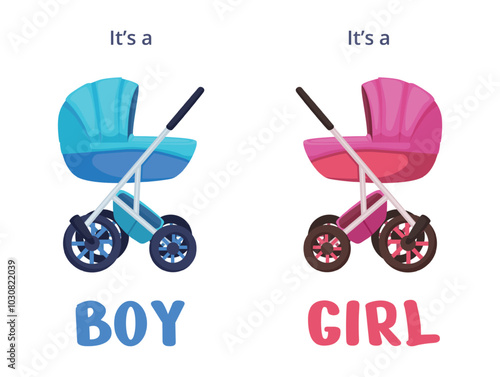 Baby girl boy carriage. Newborn infant carriages, pink and blue strollers. Safety transportation for children. Baby shower elements nowaday vector set