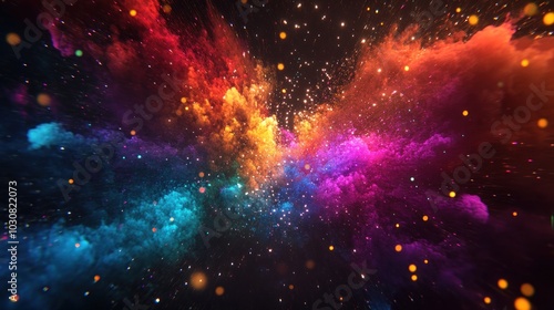 Abstract background of colorful nebula with glowing particles in space.