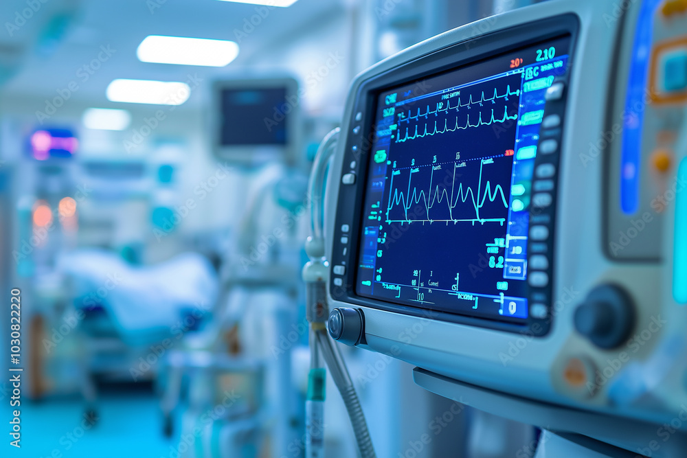 A close-up of a medical monitor in a hospital or ICU setting. The monitor displays a patient's vital signs and other critical data A close-up of a medical monitor in a hospital or ICU setting. The monitor displays a patient's vital signs and other critical data