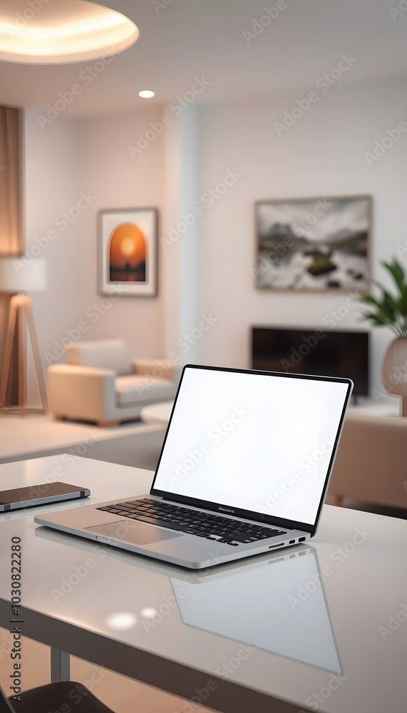 A white-screen laptop computer mockup on a desk in a modern beautiful living room isolated with white highlights, png A white-screen laptop computer mockup on a desk in a modern beautiful living room isolated with white highlights, png