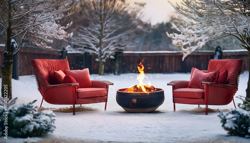 A Stylish red patio chairs are carefully arranged on a snowy garden patio, framed by dormant winter plants. A warm fire pit sits in the center, blending comfort with the crispness of winter.