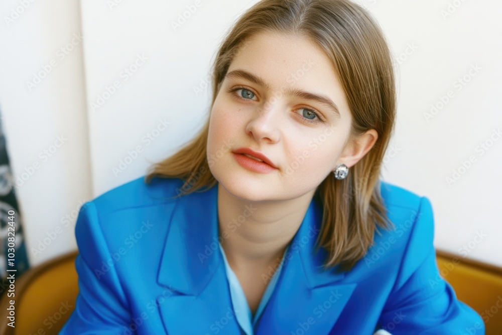 Confident young woman in blue blazer with subtle jewelry Confident young woman in blue blazer with subtle jewelry