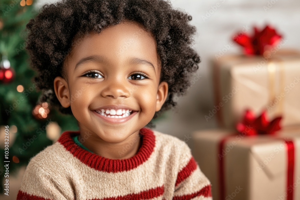 Joyful child with gifts by christmas tree celebrating holiday season in cozy sweater Joyful child with gifts by christmas tree celebrating holiday season in cozy sweater