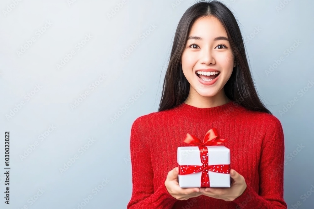 Smiling woman in red sweater holding gift box with red ribbon on a light background Smiling woman in red sweater holding gift box with red ribbon on a light background